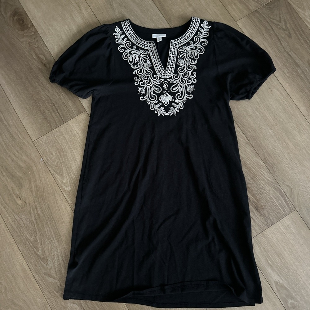 j Jill Petites Women's‎ Embroidered Shift Dress Pockets Black ~ XS Petite Boho